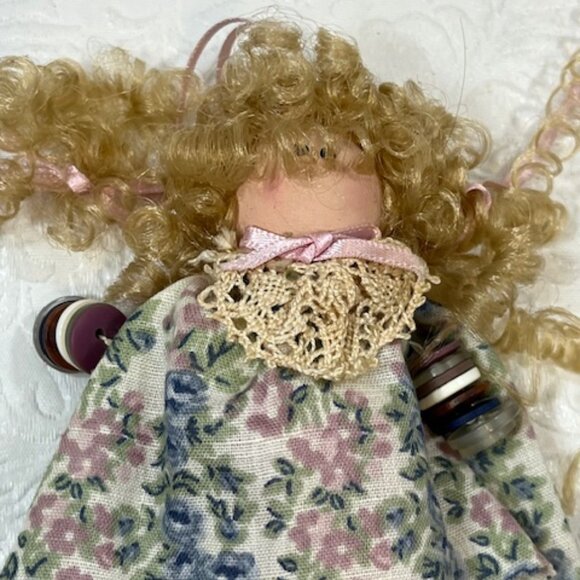 Handmade Standing Button Wooden Blonde Curly Haired Doll 5" - Picture 4 of 10